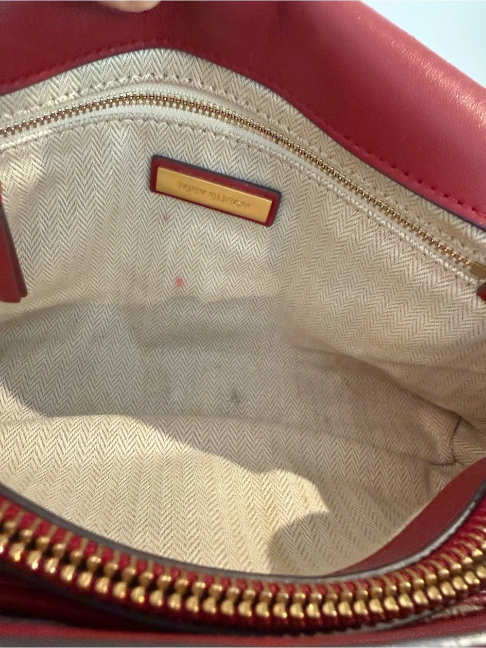 Tory Burch Full Size Quilted Chevron Shoulder Bag in Wine Red with Gold Hardware